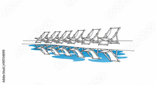 Row of empty deck chairs reflected in blue water