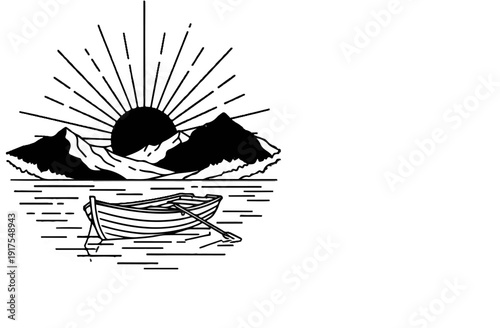 Rowboat on calm water beneath mountains and rising sun