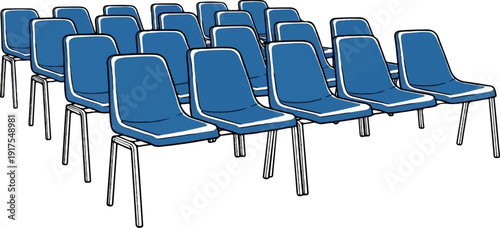 Rows of blue plastic chairs with metal legs arranged for an audience