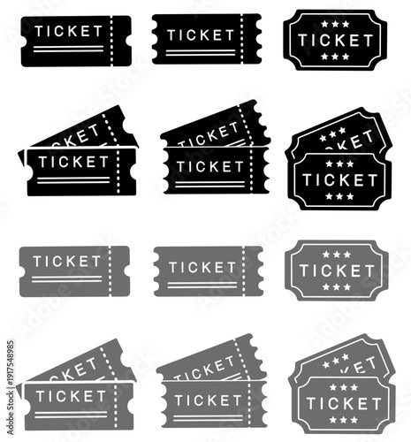Vector ticket icon set featuring various shapes and styles in black and grey for events, cinema, and travel
