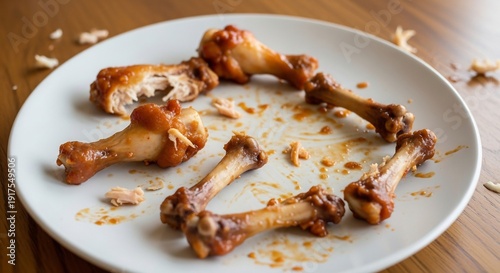 Plate of Leftover Chicken Wings Bones After Meal.