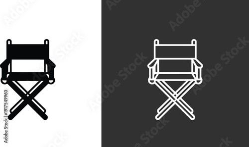 A director's chair is depicted in both black and white silhouettes on contrasting backgrounds, showcasing its design from a straightforward viewpoint.