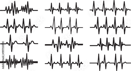 Collection of various black ECG heartbeat line graphs isolated