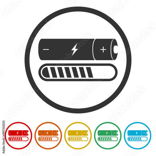 Charge battery icon. Set icons in color circle buttons
