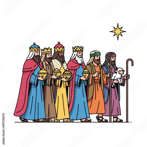 Three Wise Men and Shepherd Following Star to Bethlehem