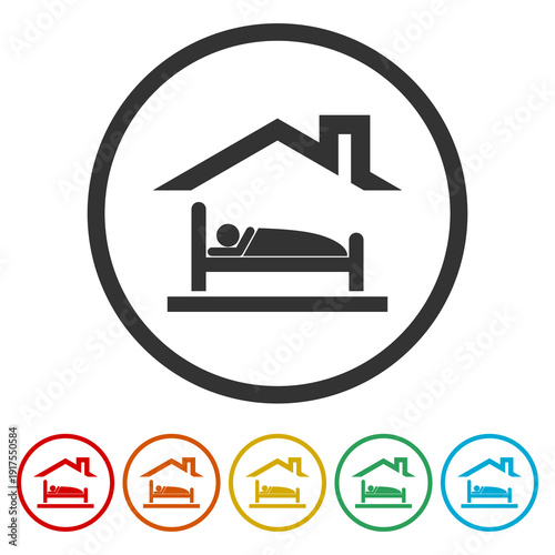 Sleep in house icon. Set icons in color circle buttons
