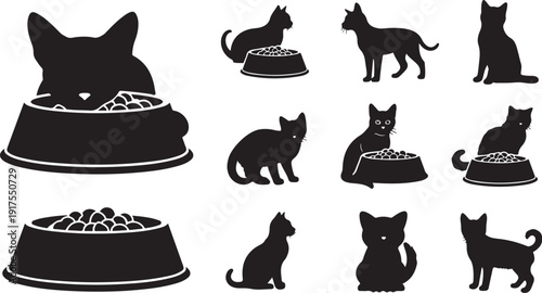 Black cat silhouettes eating from food bowls illustration set