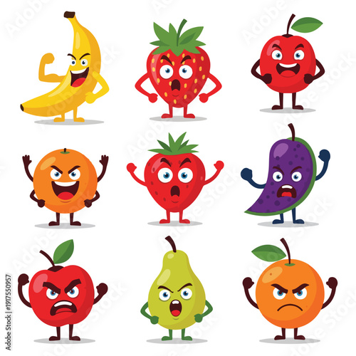 Cute cartoon fruit characters with different emotions