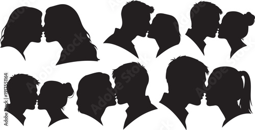 Silhouettes of diverse couples sharing romantic kisses together