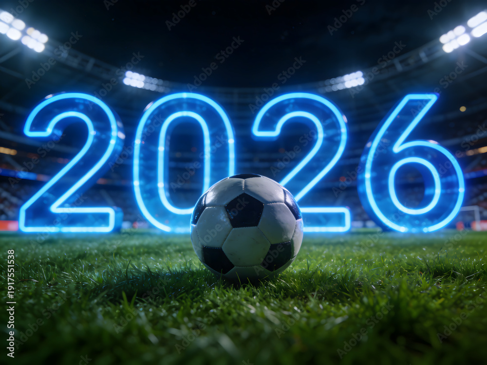 Fototapeta premium Soccer Ball And Neon 2026 Numbers On A Stadium Field At Night football