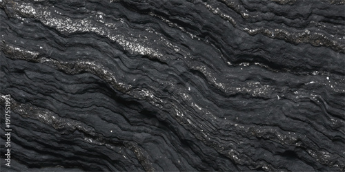 Textured dark gray slate stone surface with shimmering silver veins and subtle organic waves, abstract natural background.