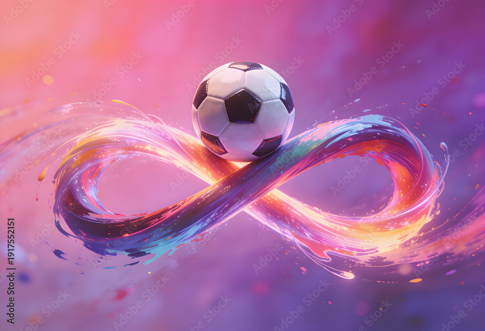 Naklejka premium Soccer ball balanced on a colorful infinity symbol with paint splashes football endless