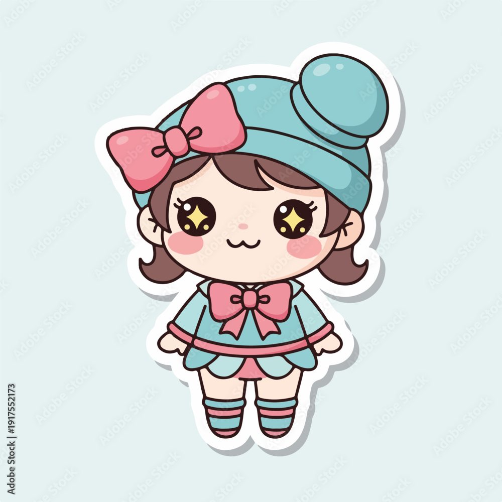 Fototapeta premium Kawaii cartoon girl sticker with pink bow and blue hat