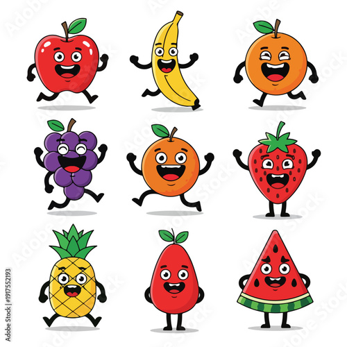 Colorful dancing cartoon fruits characters