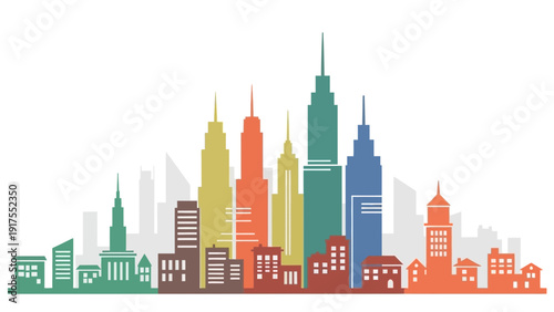 Colorful City Skyline with Tall Buildings.