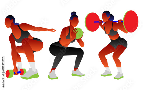 Flat vector illustration set of a woman performing various squat exercises with a dumbbell, medicine ball, and barbell.