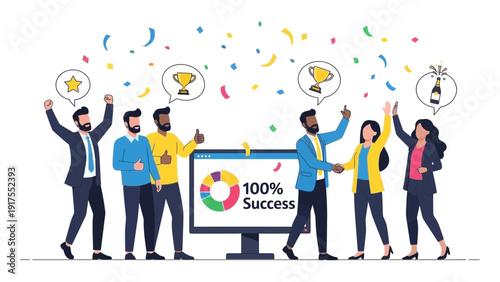 Diverse Group Celebrating Success with Icons.
