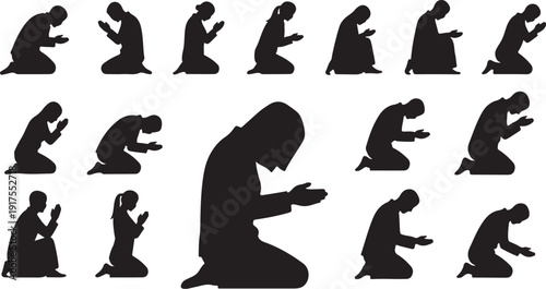 Silhouette of a person in various prayer positions depicted