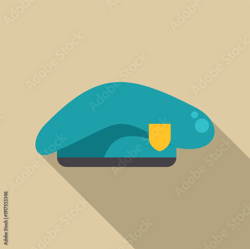 Blue military beret with yellow badge on a light background in flat design style