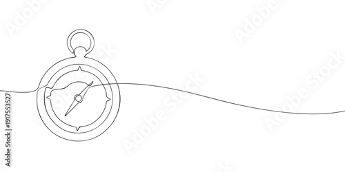 Minimal line illustration of a compass, symbolizing navigation, direction, travel, orientation, and guidance in a clean continuous outline style