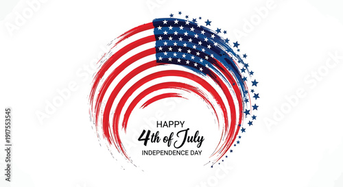 Patriotic 4th of July independence day vector graphic, Happy 4th of July Independence Day text, American flag circular design with red, white and blue colors