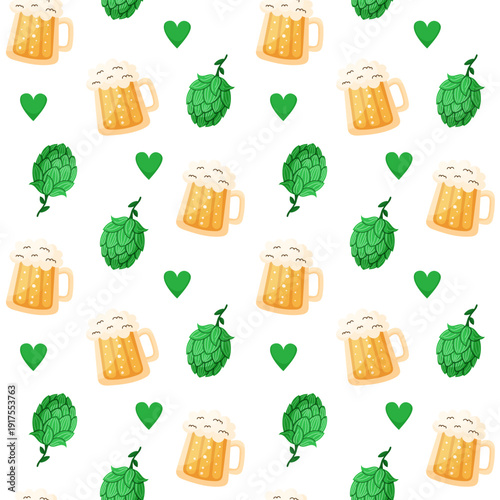 Seamless pattern with beer mug and splash of hops. Saint Patricks Day elements. Holiday greeting card on white background. Hand drawn vector illustration.