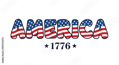 Patriotic America typography with American flag pattern and 1776 text