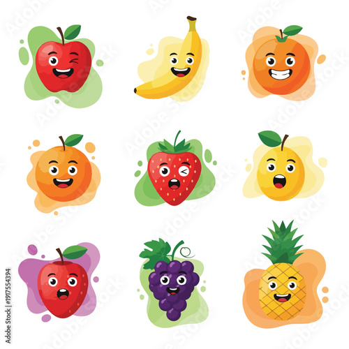 Colorful cartoon fruit icons with smiling faces