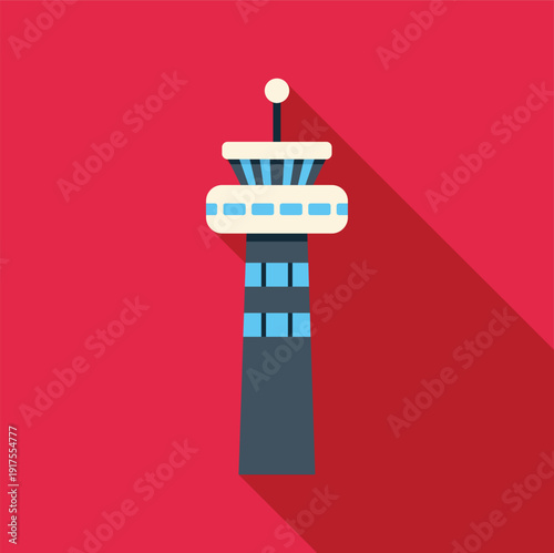 Airport control tower structure with antenna, offering air traffic management, on red background