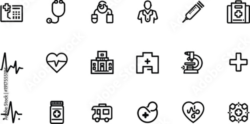 A collection of black and white minimalist line icons representing essential city services including navigation safety transportation communication and utility infrastructure elements