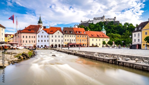 European city view with colorful buildings, castle on hill, flowing river, and cloudy skies
