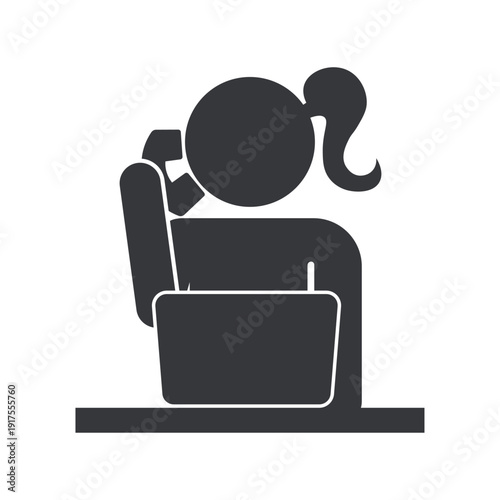 Isolated solid pictogram of businesswoman talking on smartphone with laptop symbolizing office communication customer service remote work concept icon