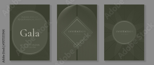 Luxury gala invitation vector card with deep olive green radial geometric background. Minimal elegant design for wedding ceremony reception print and social media.
