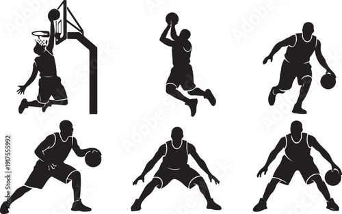 Silhouette of a basketball player performing various dynamic movements