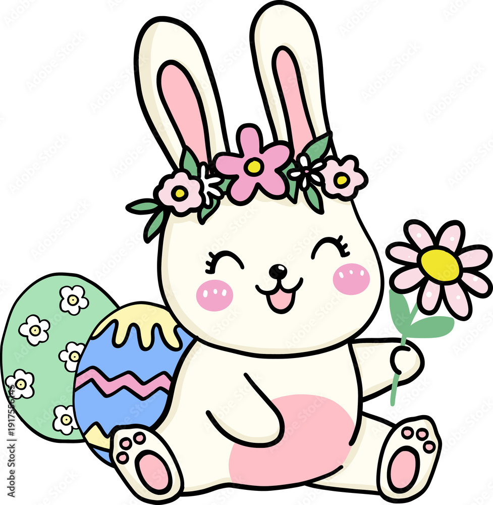 Obraz premium Cute easter bunny holding flower and pastel egg cartoon hand drawn