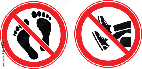 Three circular red prohibition signs showing rules that forbid placing feet on furniture and walking barefoot.