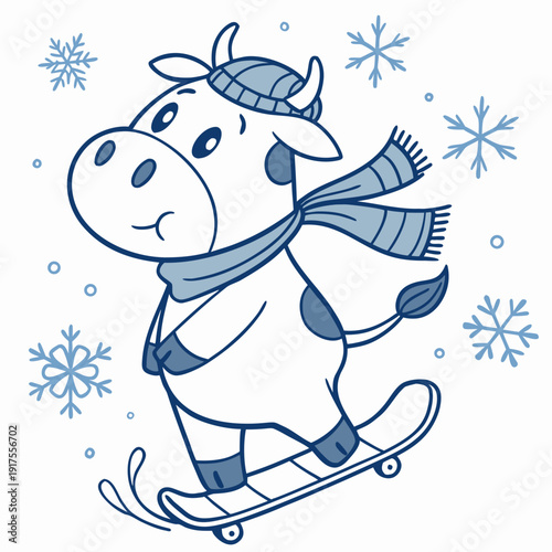 Bashful expression on a Cow in a Cozy winter theme, with riding a skateboard – Frosty Winter vector art