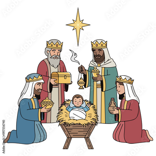 Nativity scene with Three Wise Men and baby Jesus in a manger