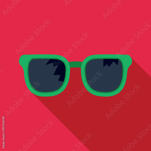Green sunglasses with shattered lenses featuring a long shadow on a red background