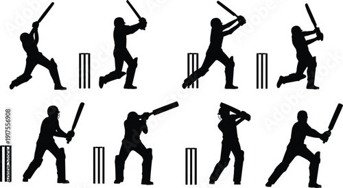 Cricket batsman silhouette set, player batting action poses collection, black vector illustration isolated on white background
