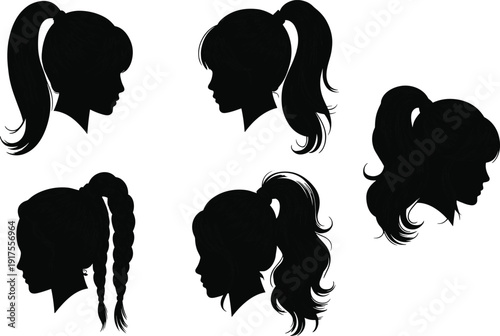 Women ponytail and braided hairstyles silhouette set, female profile hair variations, black vector illustration isolated on white background