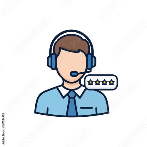 Customer support representative with headset and positive review rating