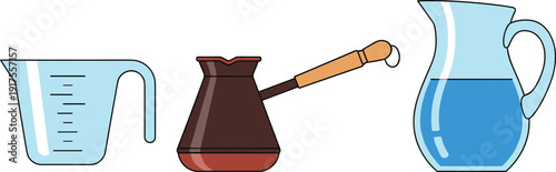 Kitchen drinkware and coffee tools set including measuring cup, cezve coffee pot and water pitcher vector illustration