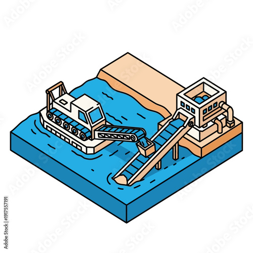 Isometric illustration of a dredging ship operating near a dock.