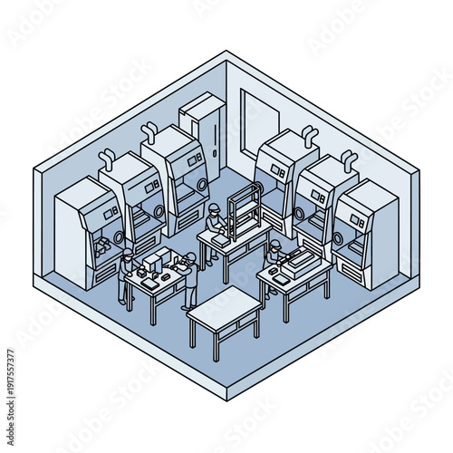 Isometric laboratory with equipment and workstations.