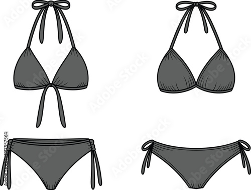 Dark bikini set vector illustration, halter triangle swimwear top and side tie bottoms, women beach fashion template