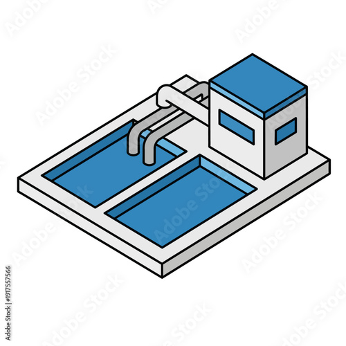 Isometric illustration of a water treatment plant with blue tanks and a white building.
