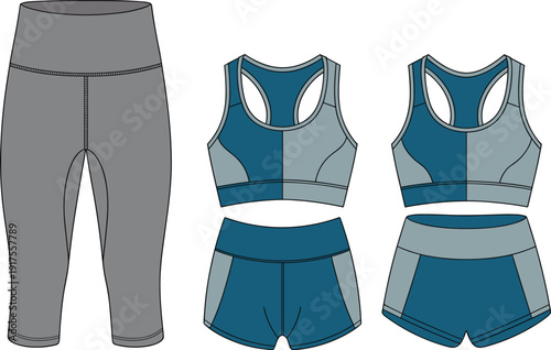 Women sportswear set vector illustration, yoga leggings capri pants, racerback sports bra and athletic shorts activewear design