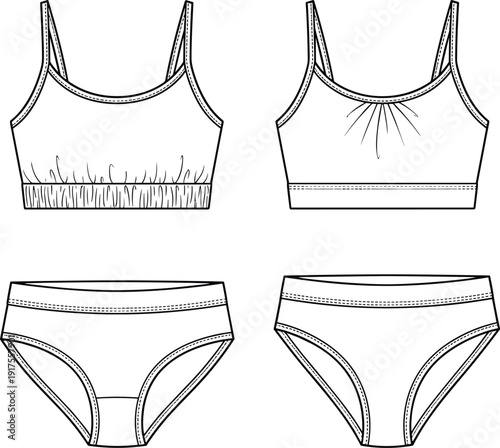 Women sports bra and panties outline set, lingerie underwear technical drawing vector template isolated on white background