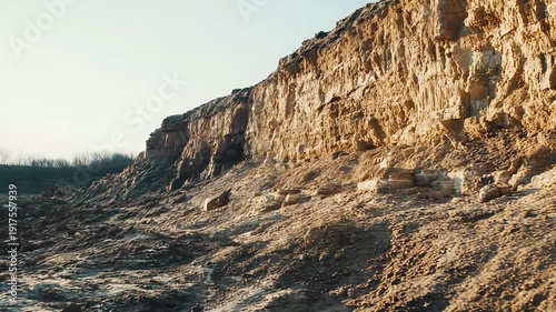 Arid quarry landscape with exposed rock strata and a massive detached stone block, highlighting excavation, erosion textures and rugged open pit geology in harsh daylight conditions